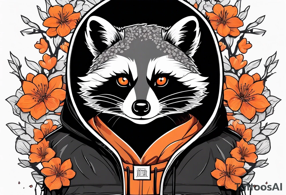 Raccoon wearing a white Superman logo on a black hoodie and orange Japanese cherry blossoms beside tattoo idea