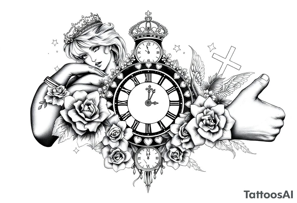 Roulette casino and princess and cross, baby angels, roses and clock and stars and fish, crown tattoo idea