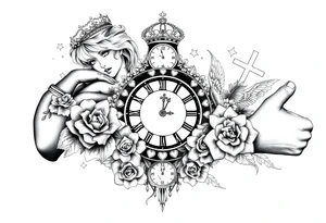 Roulette casino and princess and cross, baby angels, roses and clock and stars and fish, crown tattoo idea