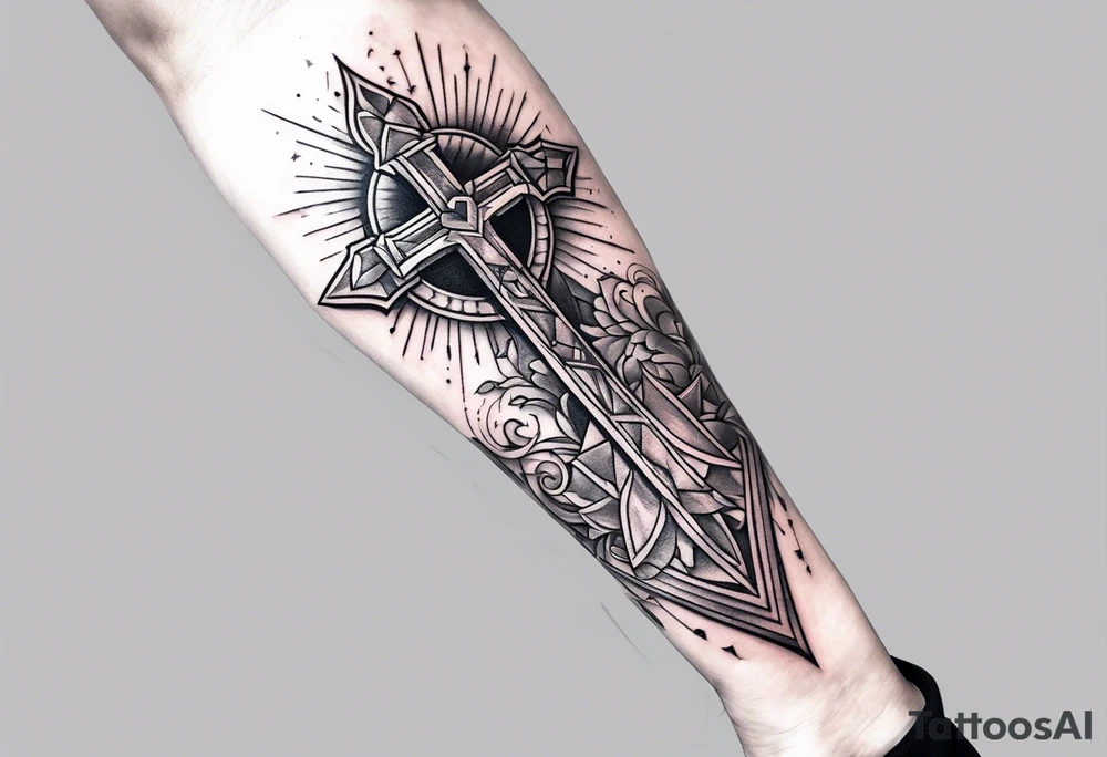 A forearm tattoo on the front of the forearm with a cross, the sacred heart of jesus and a sword tattoo idea