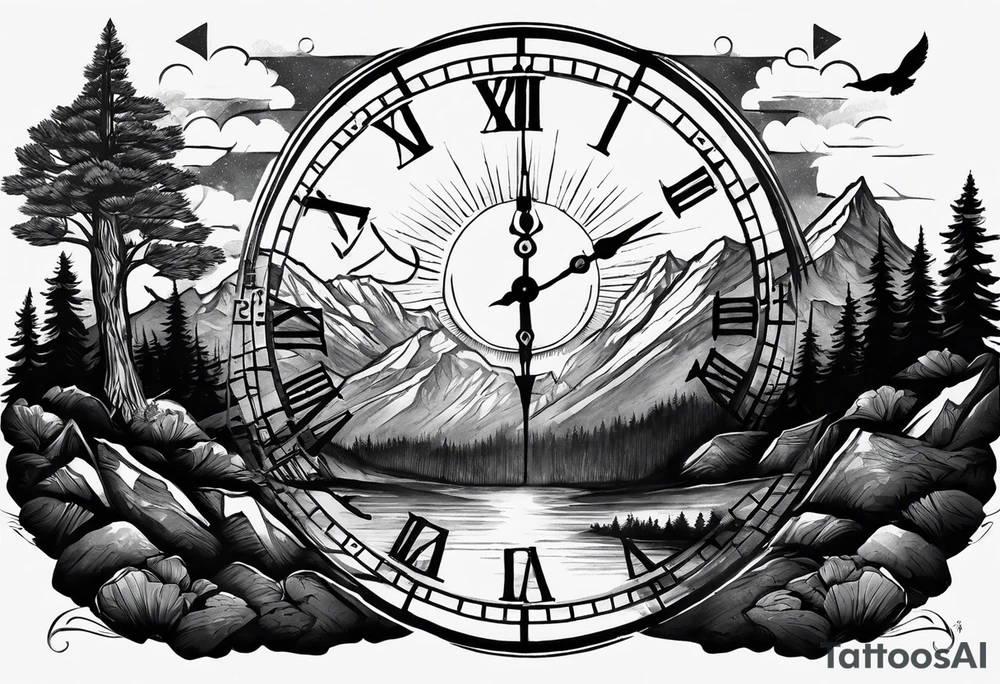 Half sleeve. View from the base of the mountains looking up to the sun. The sun is a clock that reads 12:01 to signify a new day. I want a clock tower in the middle of the mountains with the times my two sons were born. This tattoo represents overcoming massive obstacles and becoming a better person. tattoo idea