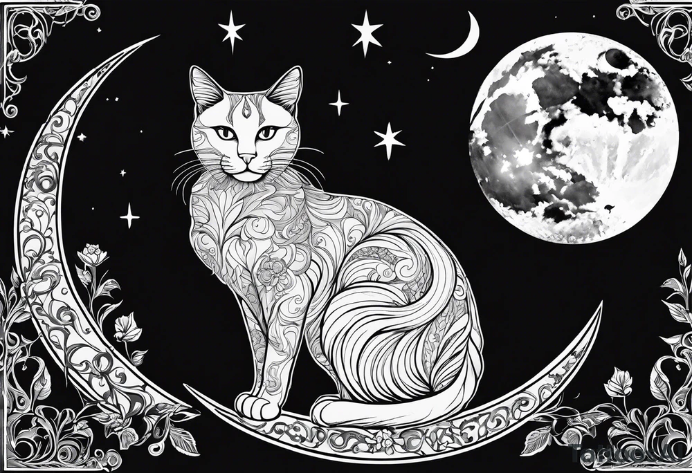 silhouette of full body black cat sitting on outline of crescent moon tattoo idea