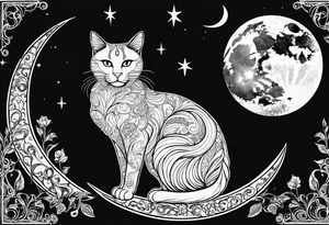 silhouette of full body black cat sitting on outline of crescent moon tattoo idea