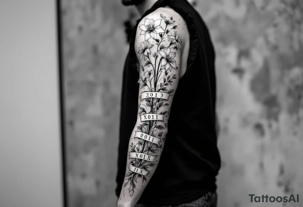 narcissus flowers, daffodils and holly. at the base and top of the sleeve are banners with roman numerals across tattoo idea