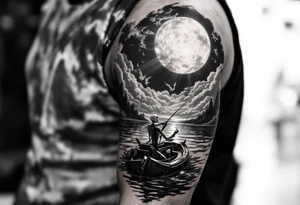 jack skellington in sun spotlight fishing in boat, on calm river, smoking cigar, big clouds, waving at angels in sky. tattoo idea