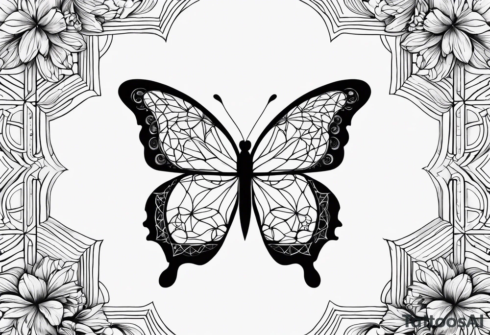 Black and white outline of sacred geometric shapes including fading flower of life into butterfly tattoo idea