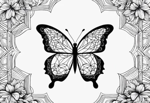 Black and white outline of sacred geometric shapes including fading flower of life into butterfly tattoo idea