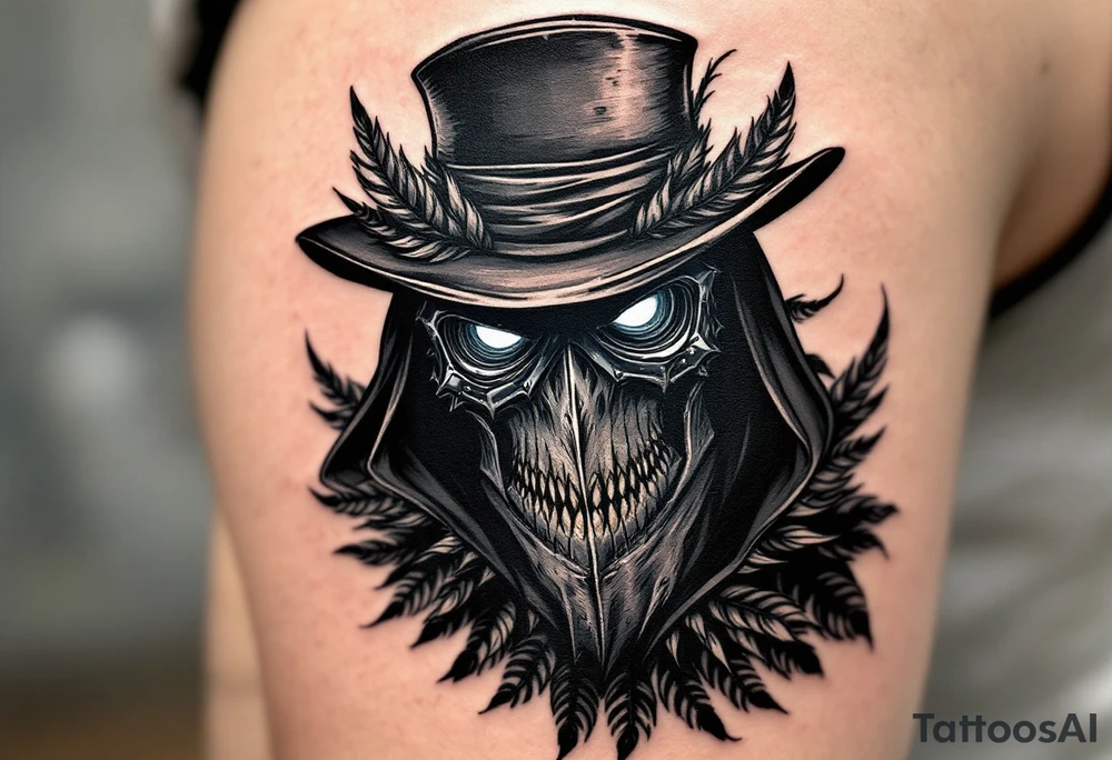Plague Doctor with Crow Feathers – A mysterious doctor with crow feathers woven into the edges of the hat and cloak. The mask is dark gray with weathered metal detailing, and the eyes reflect dim light from a distant source. tattoo idea