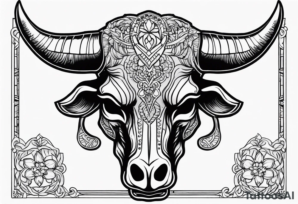 skull of a bull with a line frame, realistic, new mexico influence tattoo idea