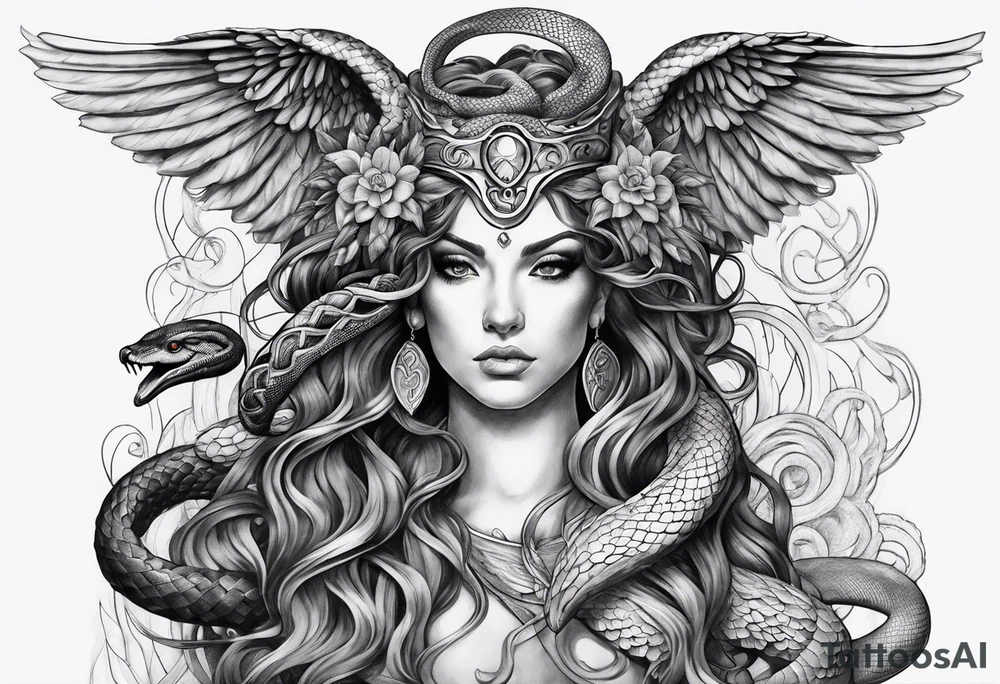 Medusa with snake hair and harpy sleeve tattoo idea