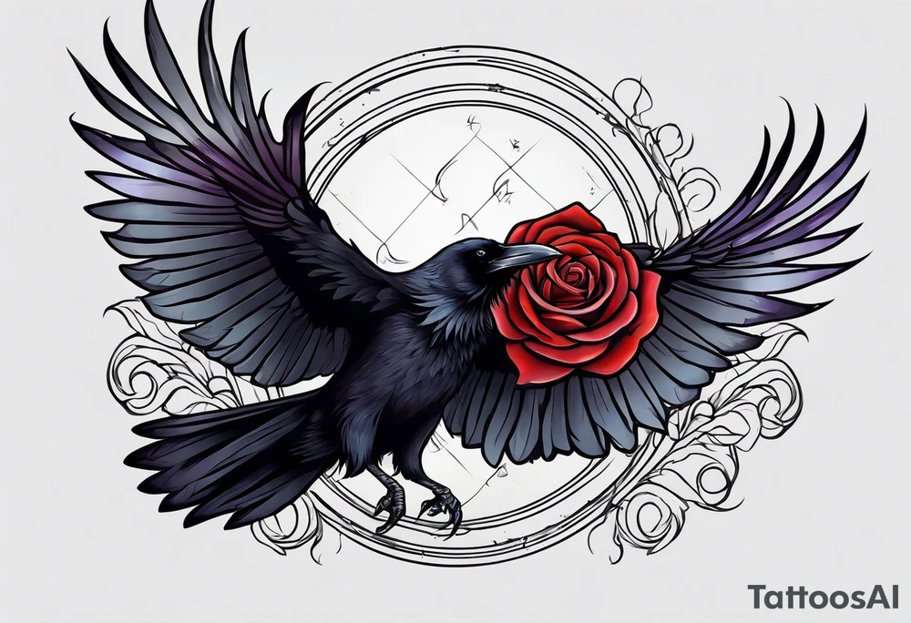 a beautiful raven flying in the night sky with a rose in its claws tattoo idea