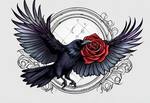 a beautiful raven flying in the night sky with a rose in its claws tattoo idea
