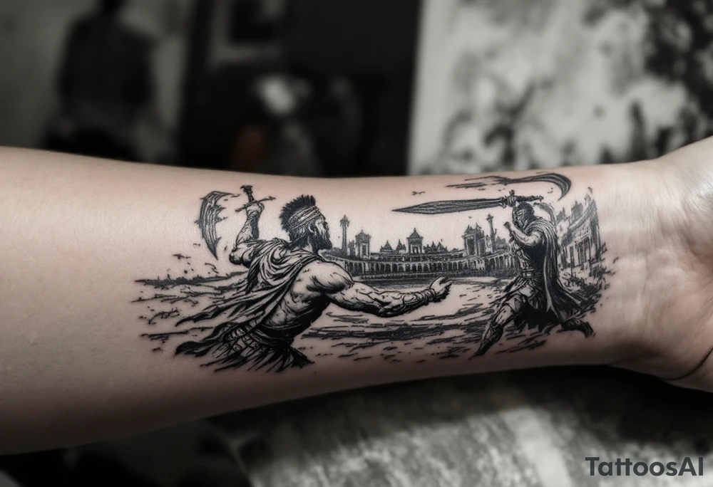 roman gladiator view bach fight sword arena tattoo idea