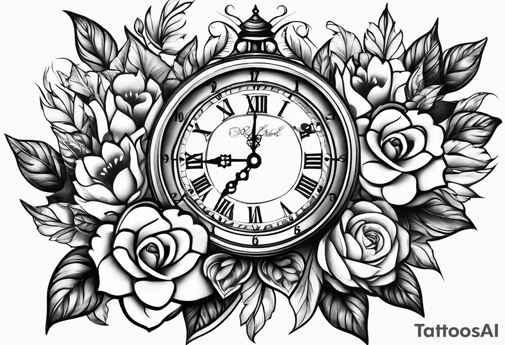 flowers hearts time clock tattoo idea