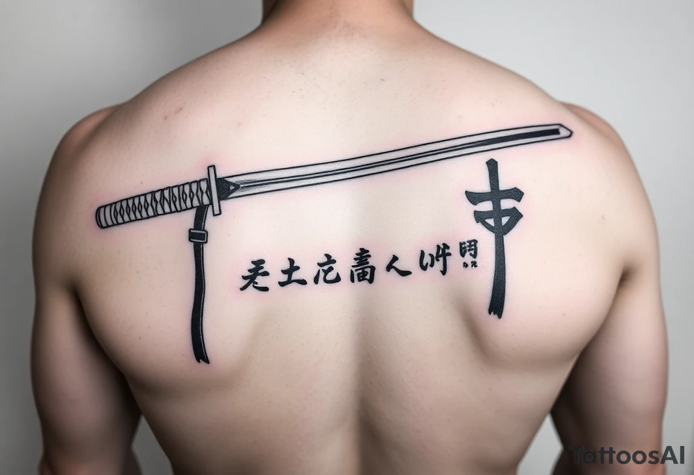 Katana with a black belt and fabled written in korean tattoo idea