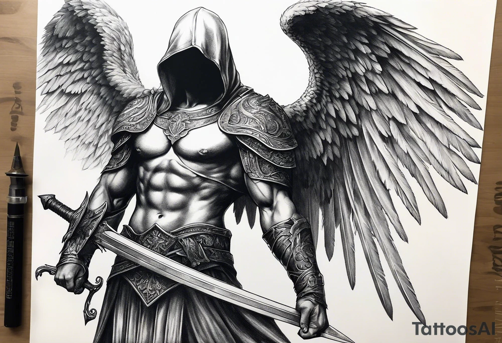 realistic angel of death, man, full body, no face visible, holding one sword, sword pointing downwards tattoo idea