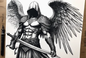 realistic angel of death, man, full body, no face visible, holding one sword, sword pointing downwards tattoo idea