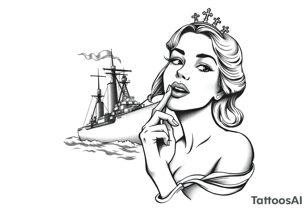 representation of war propaganda: Loose lips sink ships. Must include ship and a woman with her finger to her lips tattoo idea