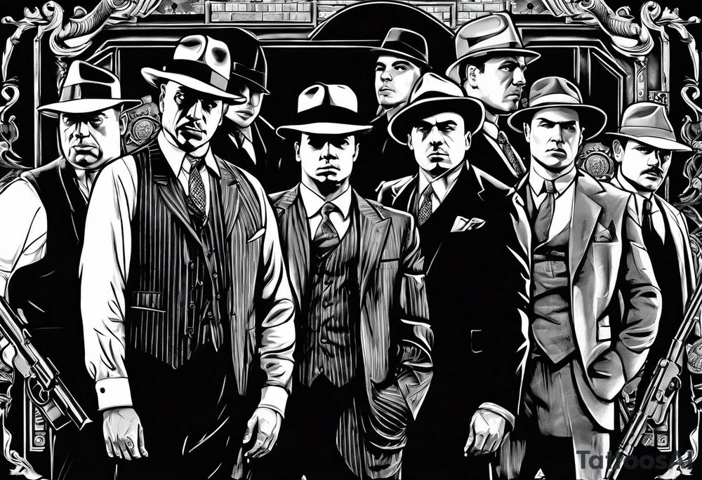 group of gangsters standing together including Al Capone, John Dillinger, Machine Gun Kelley, Bonnie and Clyde along with tommy guns, gatling gun and sawed off shot guns with bullets flying tattoo idea