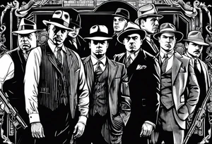 group of gangsters standing together including Al Capone, John Dillinger, Machine Gun Kelley, Bonnie and Clyde along with tommy guns, gatling gun and sawed off shot guns with bullets flying tattoo idea