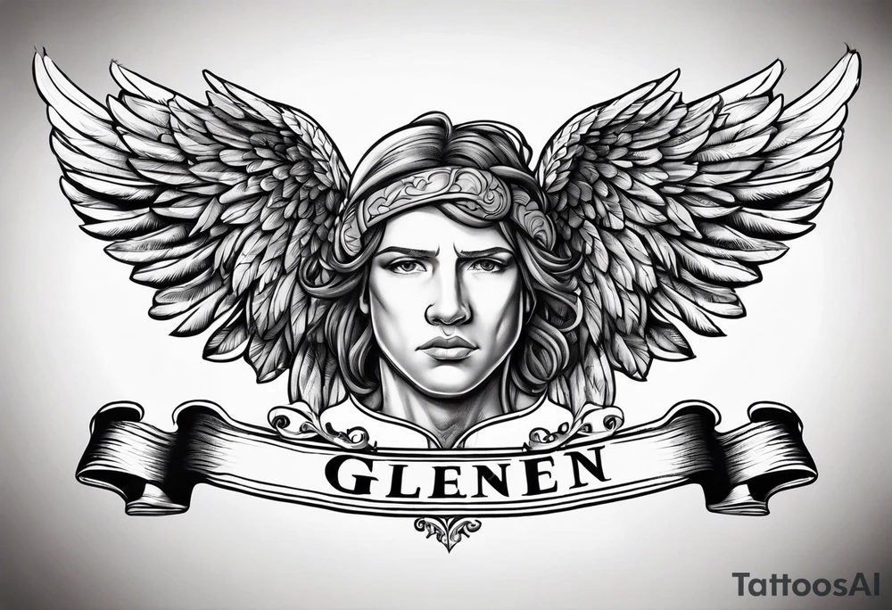 The word Glenn on a banner with angel Wings tattoo idea