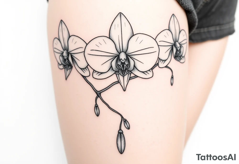 Draw of three fine line orchids different size realistic, the central part resembles a vagina. Are connected with branches that appears a mix with drops and seeds tattoo idea