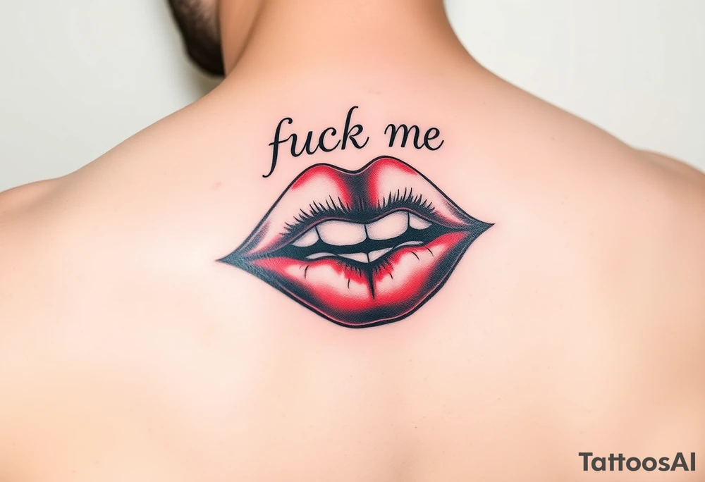 Red lips with fuck me written in the top lip tattoo idea