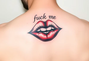 Red lips with fuck me written in the top lip tattoo idea