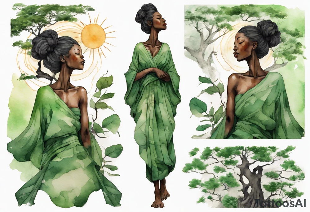 a tree that turns into a black woman reaching with her arms towards the sun, wearing a green tunic tattoo idea