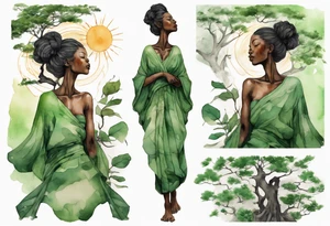 a tree that turns into a black woman reaching with her arms towards the sun, wearing a green tunic tattoo idea