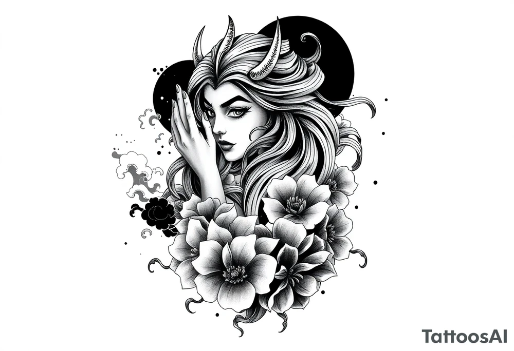 Full sleeve tattoo design for a male arm, wrapping from shoulder to wrist.  featuring a beautiful female oni (demon woman) with an elegant, mysterious expression, one hand partially covering her face, long flowing hair integrated into bold wind bars and wave patterns, large chrysanthemums and peonies weaving through the composition. Strong negative space with large black fills, bold flowing shapes, and smooth grey shading. Traditional Japanese cloud and water motifs in the background, balanced composition with the oni face as the main focal point on the upper arm, seamless flow down the arm to the wrist. High contrast black and grey, crisp linework, dynamic and dramatic. tattoo idea
