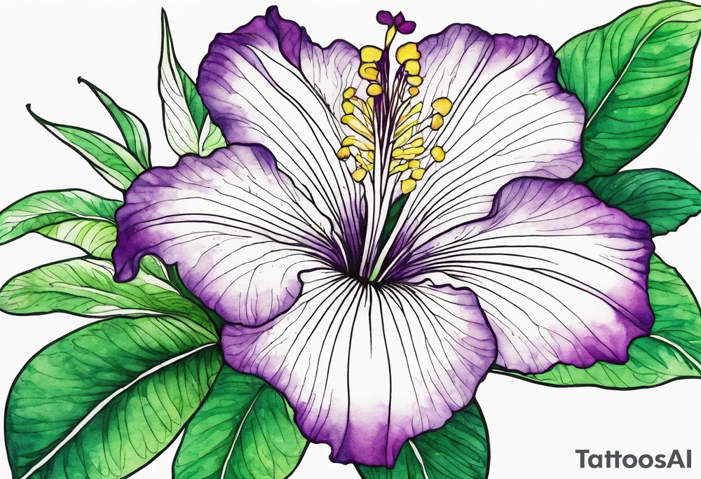An outline of a rio dipladenia flower with a green and purple watercolor background tattoo idea