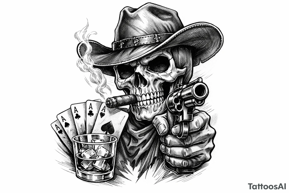 skull with cowboy-hat and cigar in his mouth,a gun in a hand,playing cards,whiskey-glass. tattoo idea