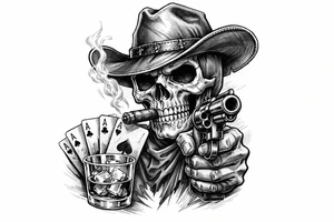 skull with cowboy-hat and cigar in his mouth,a gun in a hand,playing cards,whiskey-glass. tattoo idea