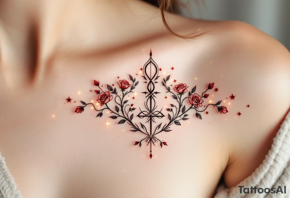 A mystical love runey with golden light, surrounded by a faint magical aura. The symbol itself is engraved with sharp, symmetrical lines, and small roses wrap around the edges. The tattoo evokes timeless love, with deep red accents and delicate glowing stars scattered around it. tattoo idea