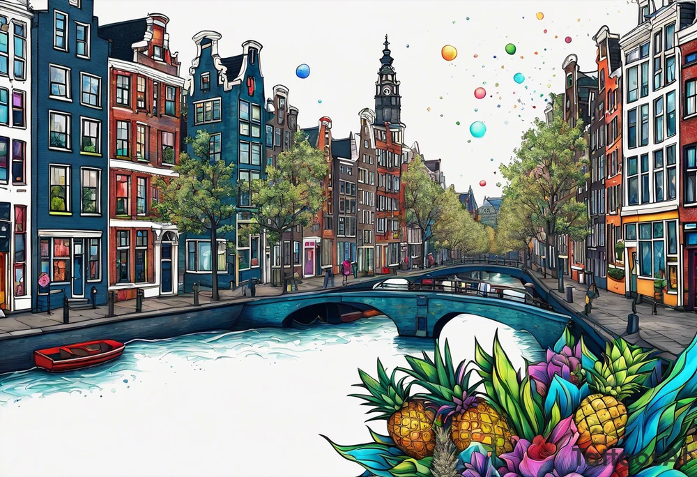 stag featuring colours of the universe and galaxies and pineapples in amsterdam city featuring Amsterdam buildings and canal tattoo idea