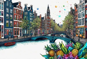 stag featuring colours of the universe and galaxies and pineapples in amsterdam city featuring Amsterdam buildings and canal tattoo idea