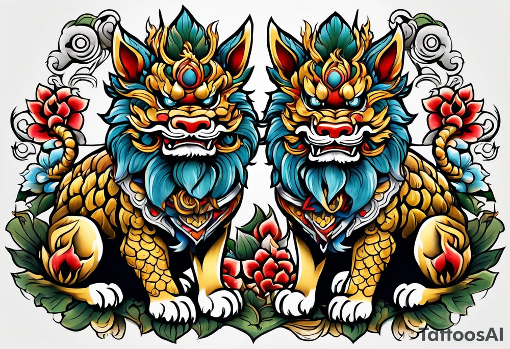 Okinawa style twin shisa dogs, chest/pecs, Yakuza style tattoo idea