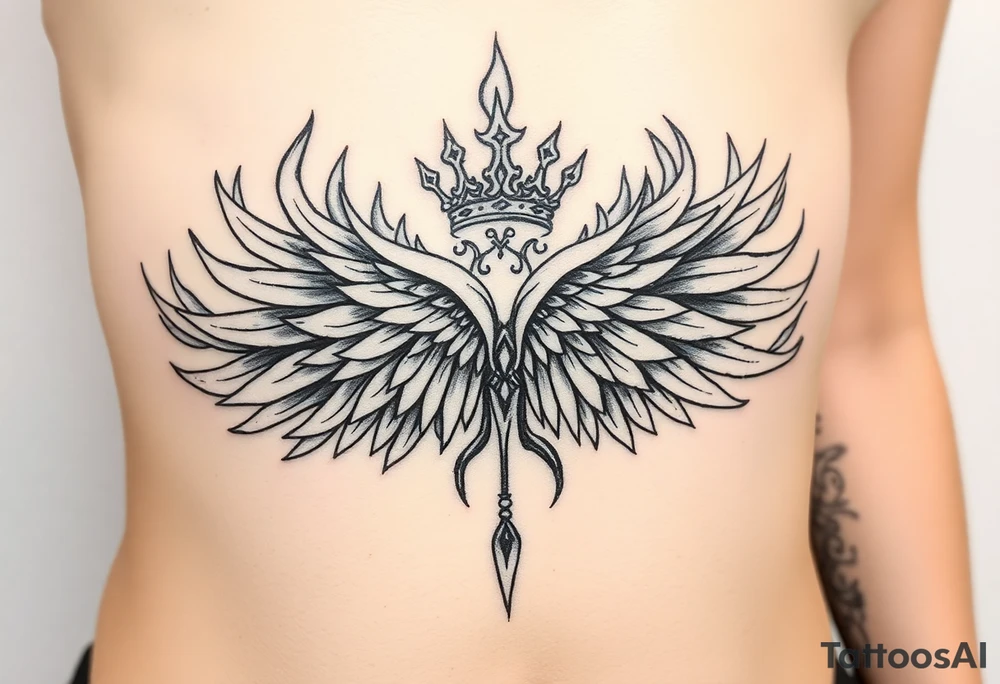 large blazing wing surrounded by fire. with a crown of fire tattoo idea