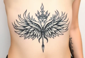 large blazing wing surrounded by fire. with a crown of fire tattoo idea