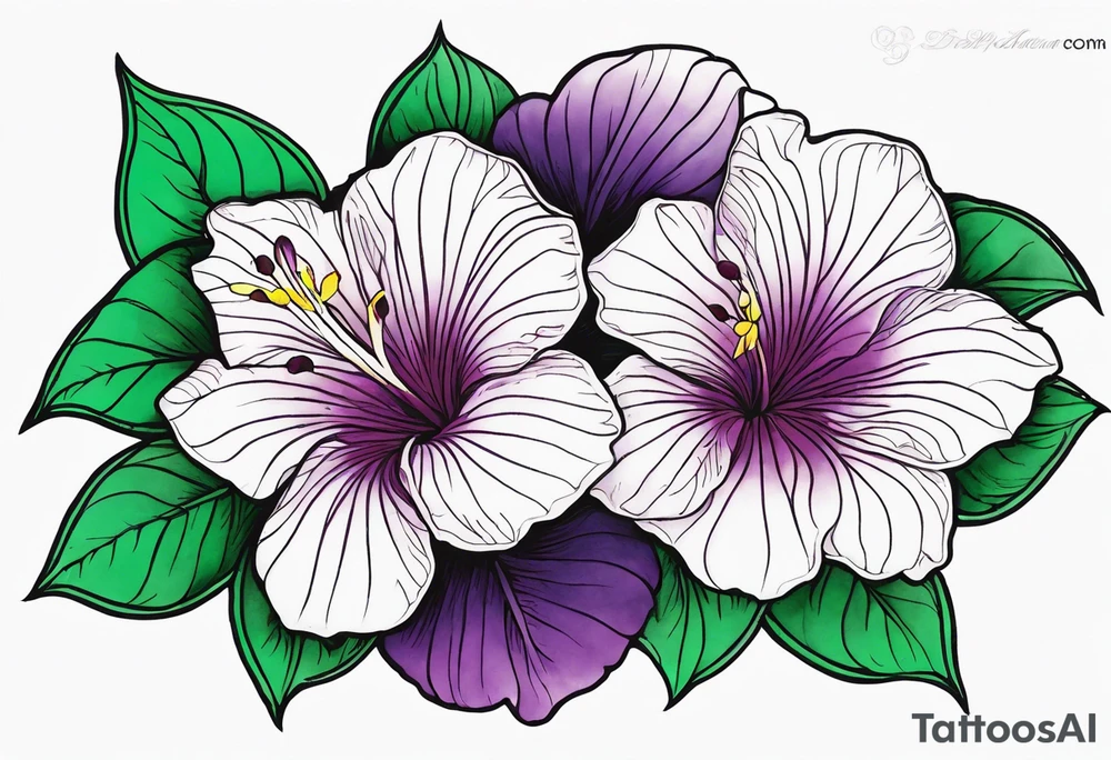 An outline of a rio dipladenia flower with a green and purple watercolor background tattoo idea