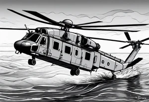 canadian military grey helicopter cyclone CH-148, a helicopter flying over rough water, Clear sky, military art, ocean specular, highly detailed background, detailed 4 k drawing tattoo idea