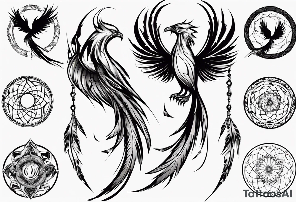 Vertical open mouthed Phoenix in circle with abstract dream catcher tail tattoo idea