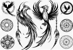 Vertical open mouthed Phoenix in circle with abstract dream catcher tail tattoo idea