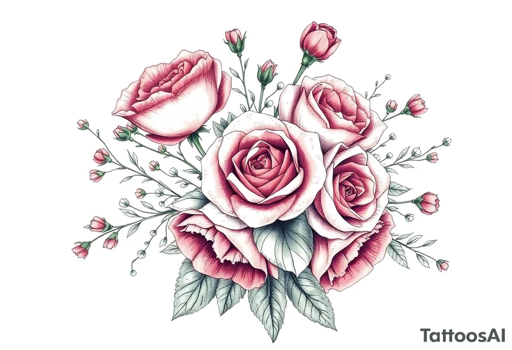 vintage bouquet of wild roses and meadow flowers with morning dew tattoo idea