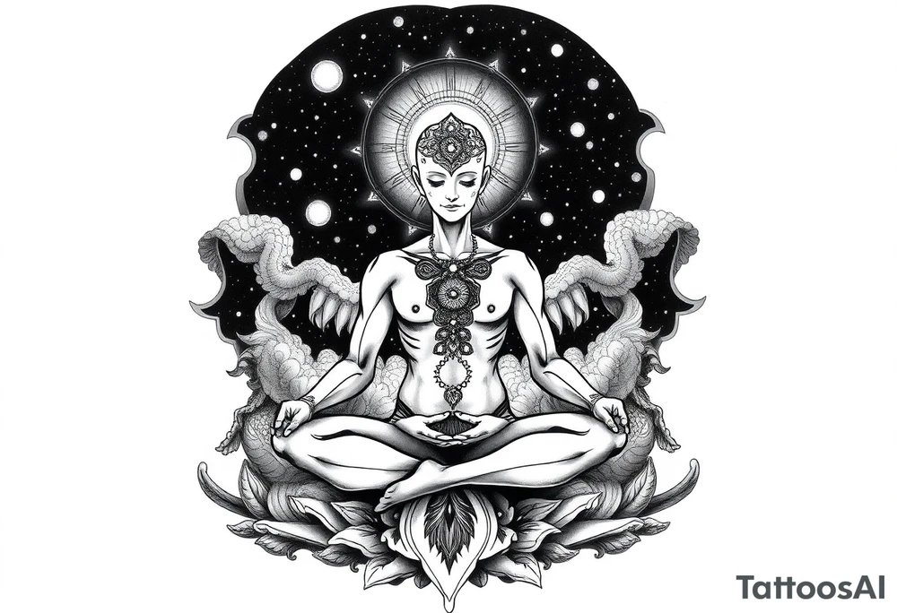 a figure sitting in lotus position meditating based on the lyrics “doing time in the universal mind” by the doors - with a psychedelic trippy background as the meditation expands out from his head into the universe / cosmos tattoo idea