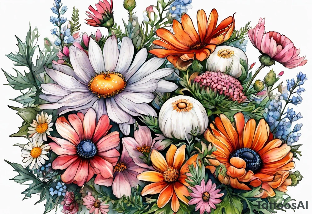 wildflowers with thistles, ferns, white anemones, sun flowers, orange flowers, pink flowers, red flowers, babys breath and daisies all in watercolor tattoo idea