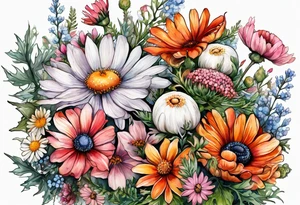 wildflowers with thistles, ferns, white anemones, sun flowers, orange flowers, pink flowers, red flowers, babys breath and daisies all in watercolor tattoo idea