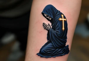 A Reaper kneeling in prayer, cloaked in deep navy blue with a glowing golden cross on the back. tattoo idea