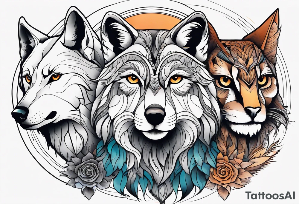 A composition with a Wolf, a lioness and an owl in very simple style and a beautiful colored background. tattoo idea